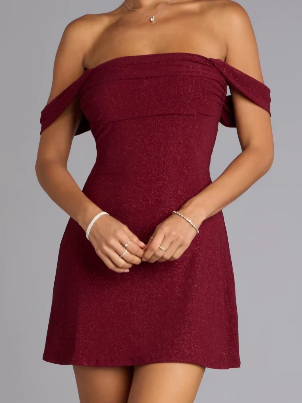 Windsor Burgundy Off-Shoulder Sparkle Mini Dress